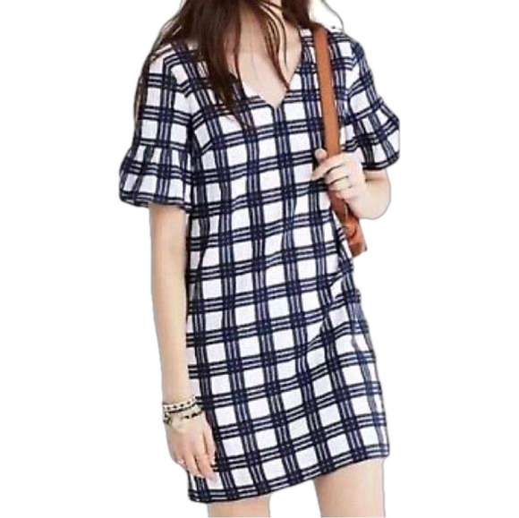 Madewell Dresses & Skirts - Madewell Blue and White Leighton Plaid Ruffle Bell Sleeve V-Neck Dress